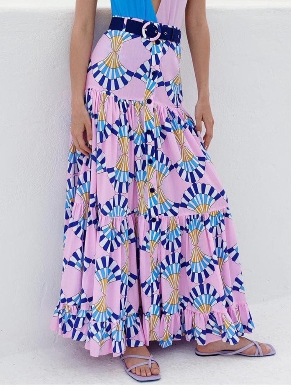 Paolita Zephyr Pink Shell Tiered Button Front Belted Maxi Skirt - Small